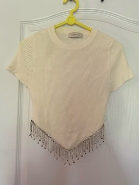 Chelsea Cream Ribbed Short Sleeve Crop Top with Beaded Fringe
